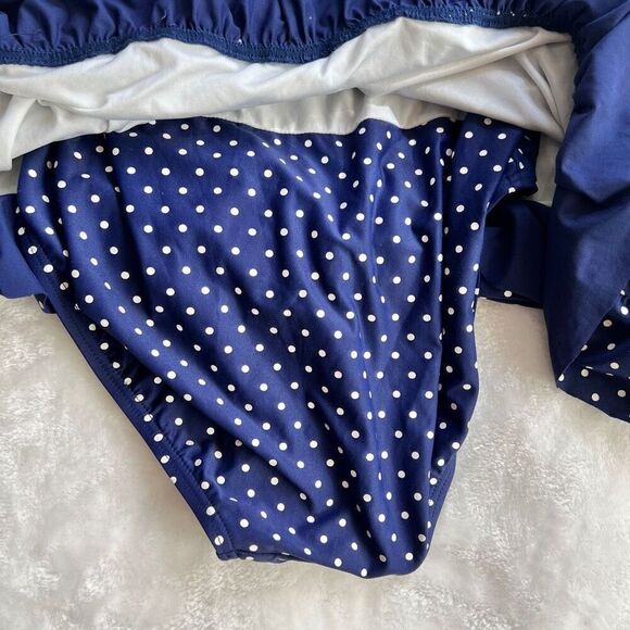 One Piece Halter Top Swimsuit Retro Pinup Style Blue and White Polka Dot Size Me - Picture 11 of 14